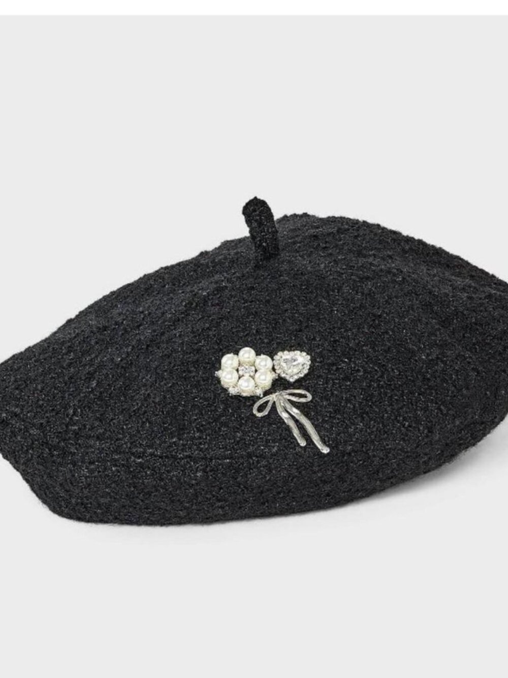 a new day Black Beret with Pearl & Rhinestone Brooch